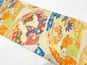 アンティーク　扇面に鶴・松・梅・菊・桐模様織り出し丸帯（着用可）